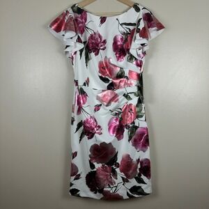 JH Evenings Women's 12 Sheath Dress White Pink Metallic Floral Ruffle NEW